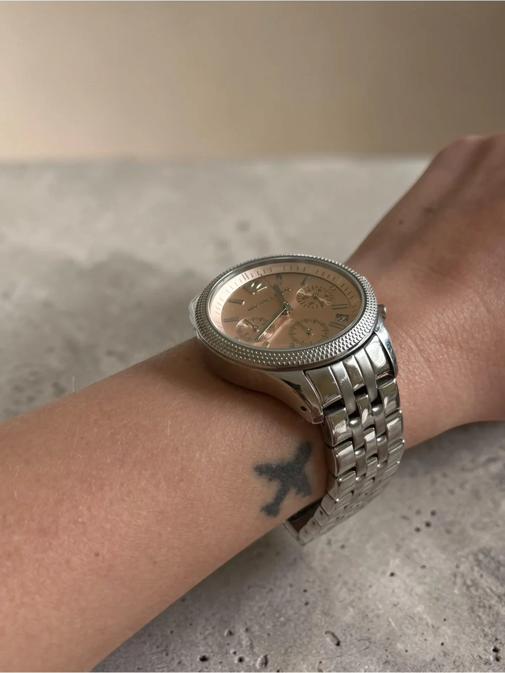 Michael Kors Silver Stainless Steel Watch with Rose Gold Dial